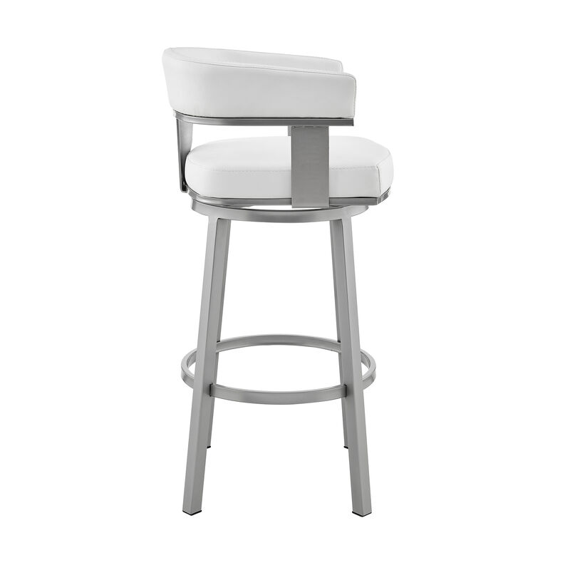 Cohen Bar Height Swivel Bar Stool in Silver Finish with White Faux Leather
