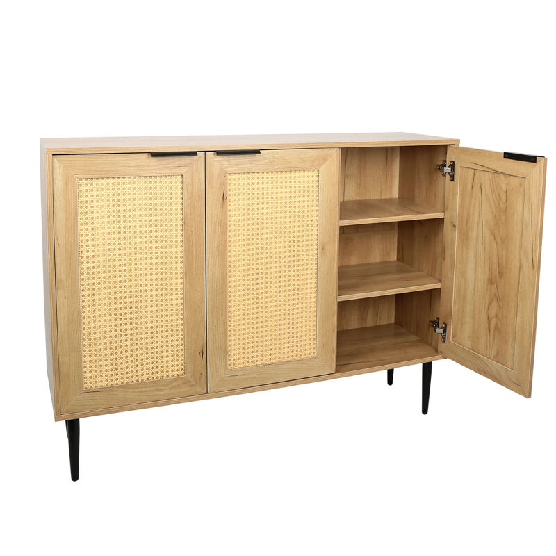 47.24 " Wide Elegant Kitchen Buffet Storage Cabinet with 3 Rattan Doors for Bedroom Living Room Kitchen Cupboard Wooden Furniture with 3-Tier Shelving, Natural Color