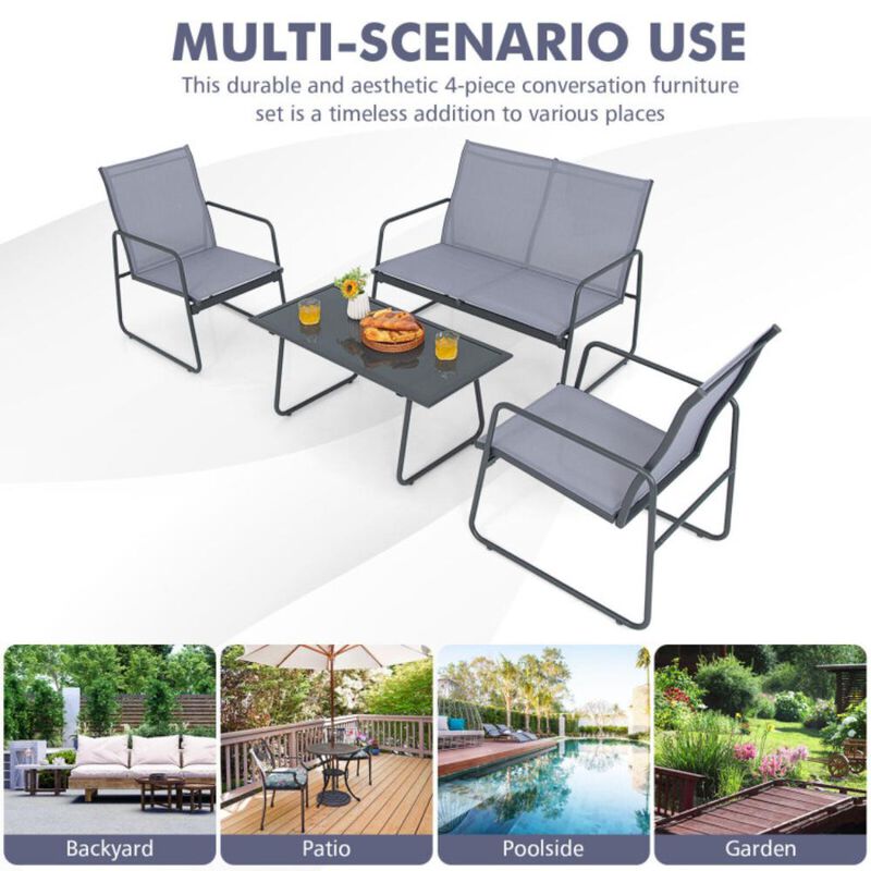 Hivvago 4 Pieces of Metal Patio Furniture Chat Set with Tempered Glass Coffee Table