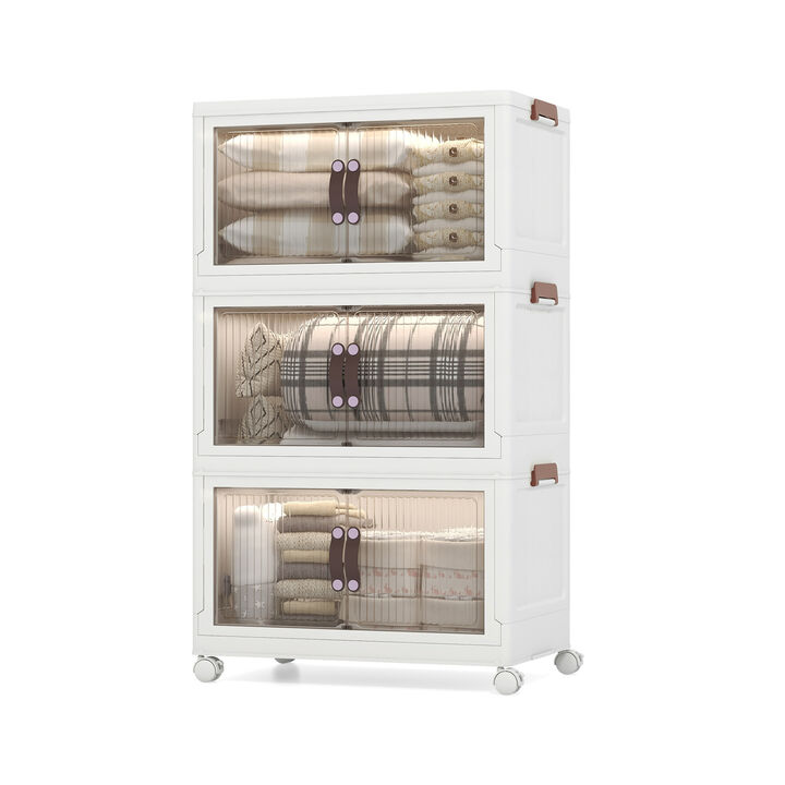 3-Tier Stackable Storage Boxes Bins with Magnetic Doors and Lockable Casters