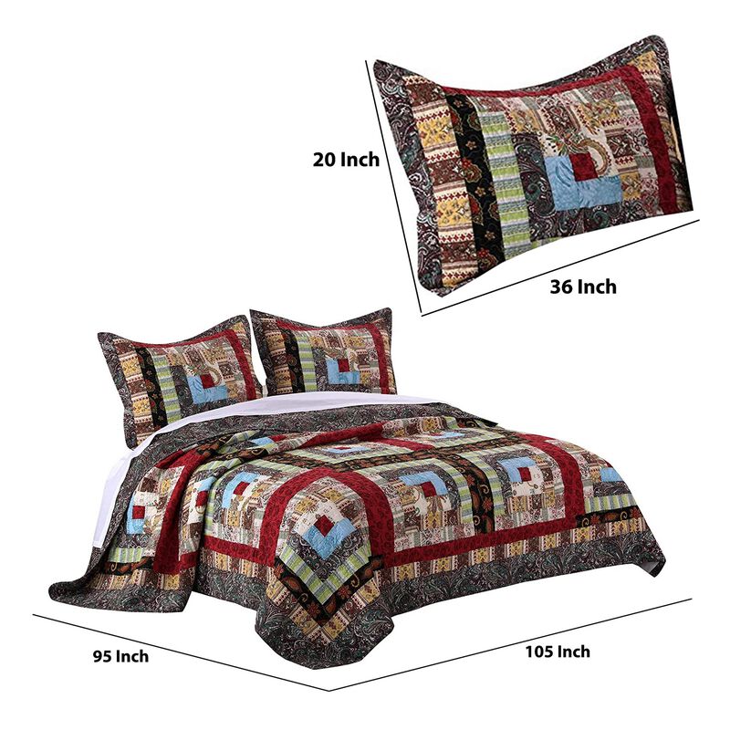 Thames 3 Piece King Size Cotton Quilt Set with Log Cabin Pattern, Multicolor - Benzara