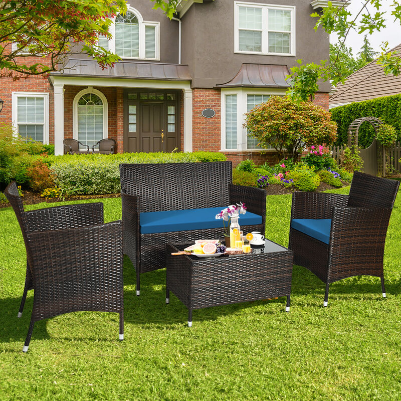 4 Pieces Comfortable Outdoor Rattan Sofa Set with Glass Coffee Table