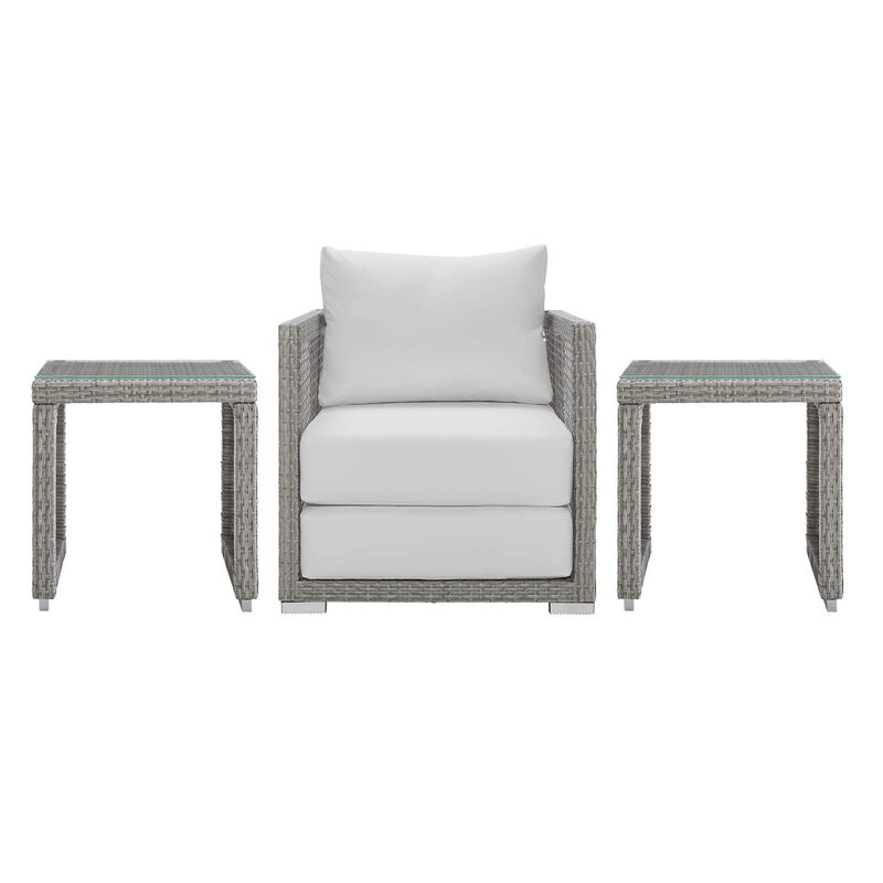 Modway Aura Outdoor Patio Wicker Rattan Armchair and Two Side Tables in Gray White