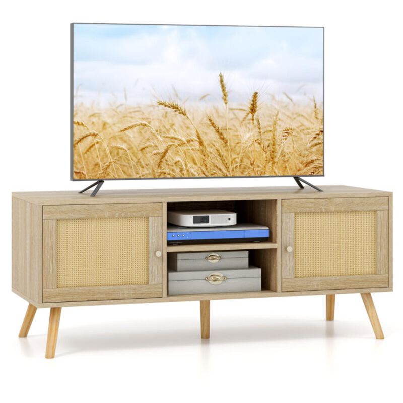 Hivvago PE Rattan Media Console Table with 2 Cabinets and Open Shelves
