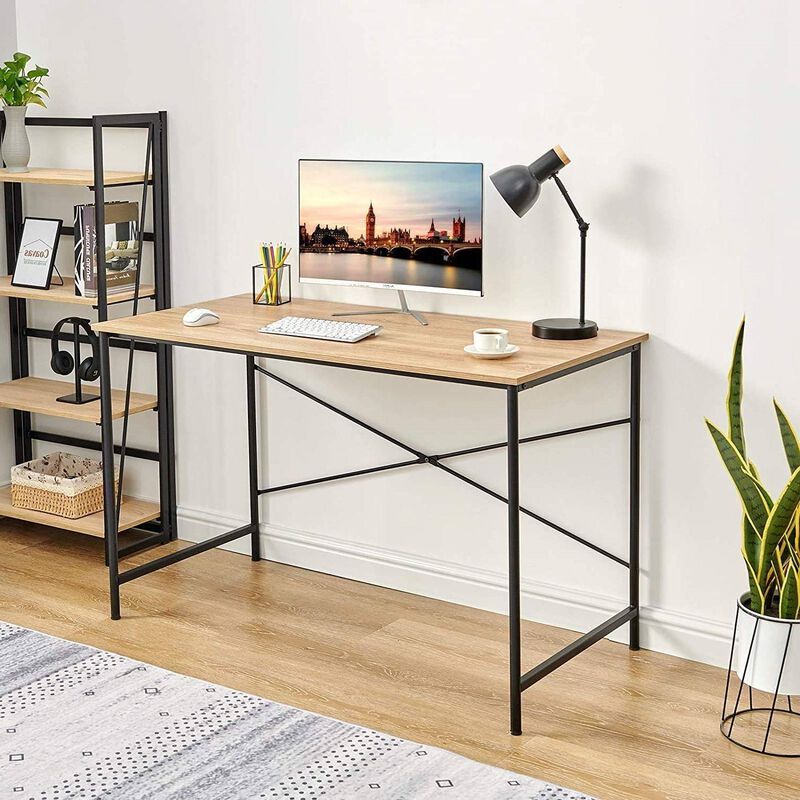 Hivvago Modern Home Office Computer Desk Table with Black Metal Frame Wood Top in Oak