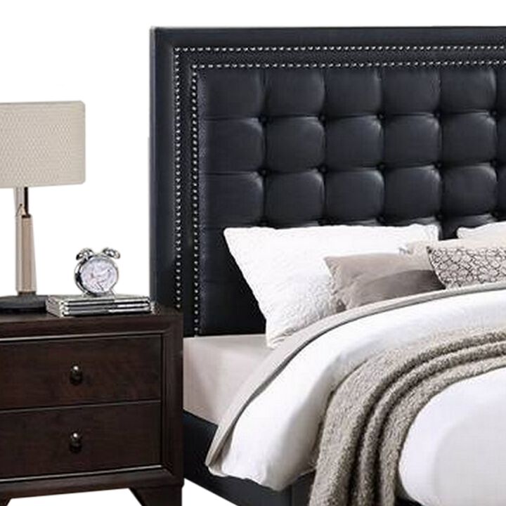 Vea Modern Platform Queen Bed, Deep Tufted Upholstery, Black Faux Leather - Benzara