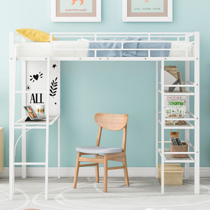 Merax Metal Loft  Bed with  Desk and 3 Layers of Shelves