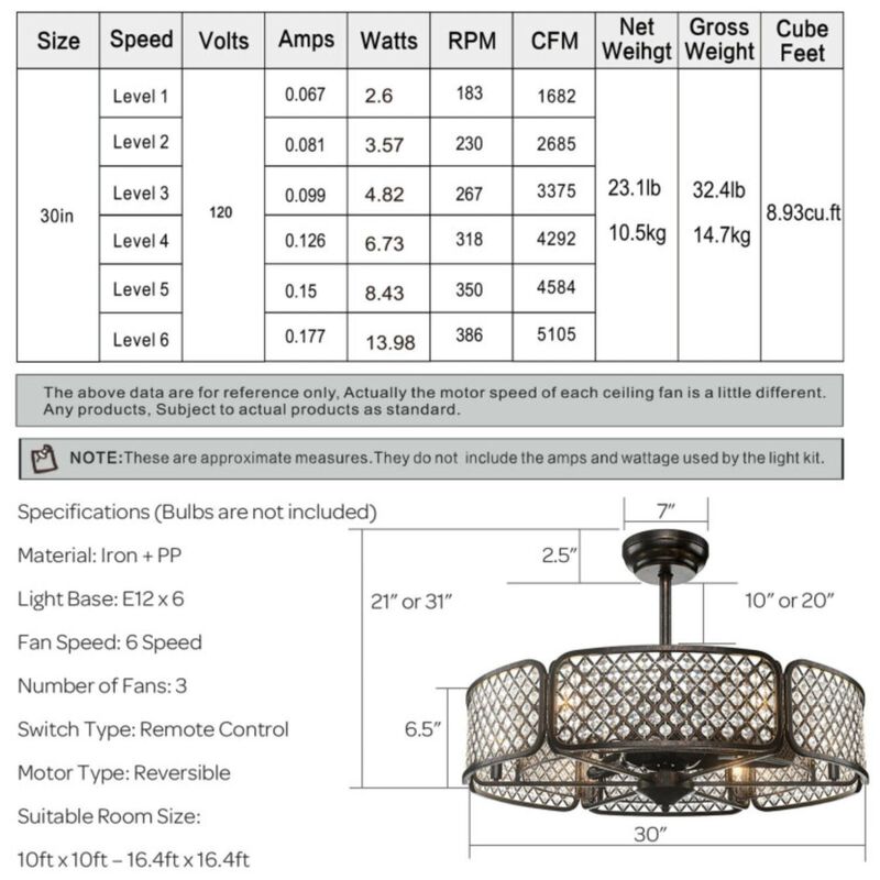 Caged Ceiling Fan With Light Crystal Lampshade 6 Light Bases