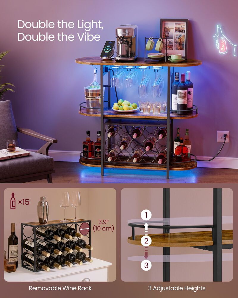 Bar Cabinet with LED Lights and Power Outlets for Modern and Convenient Entertaining