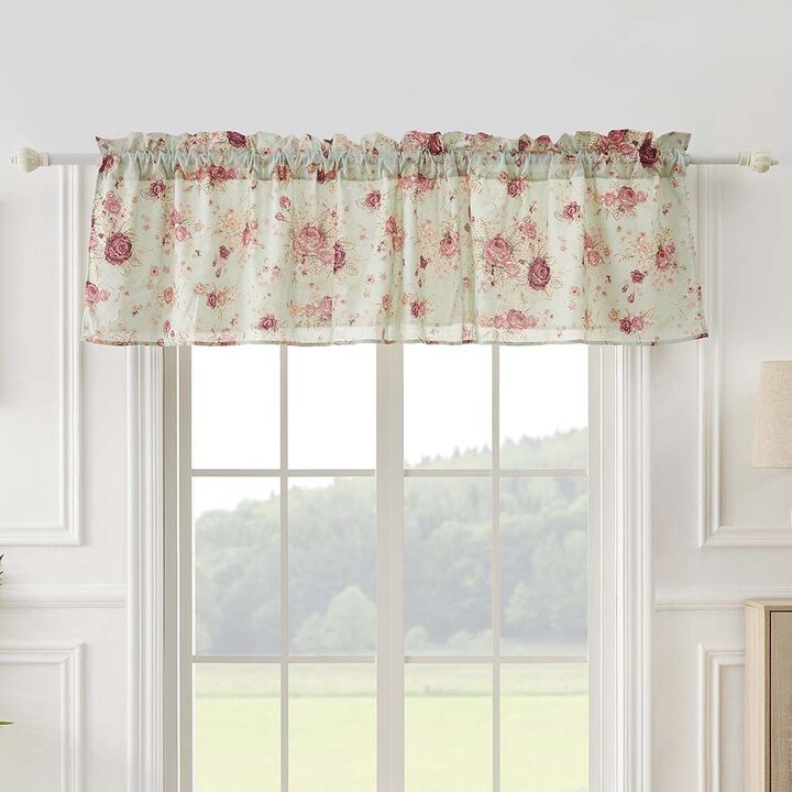 Greenland Home Antique Rose Floral Pinstripe with Dainty Scrolling Embellishments Valance 84"x19" Blue