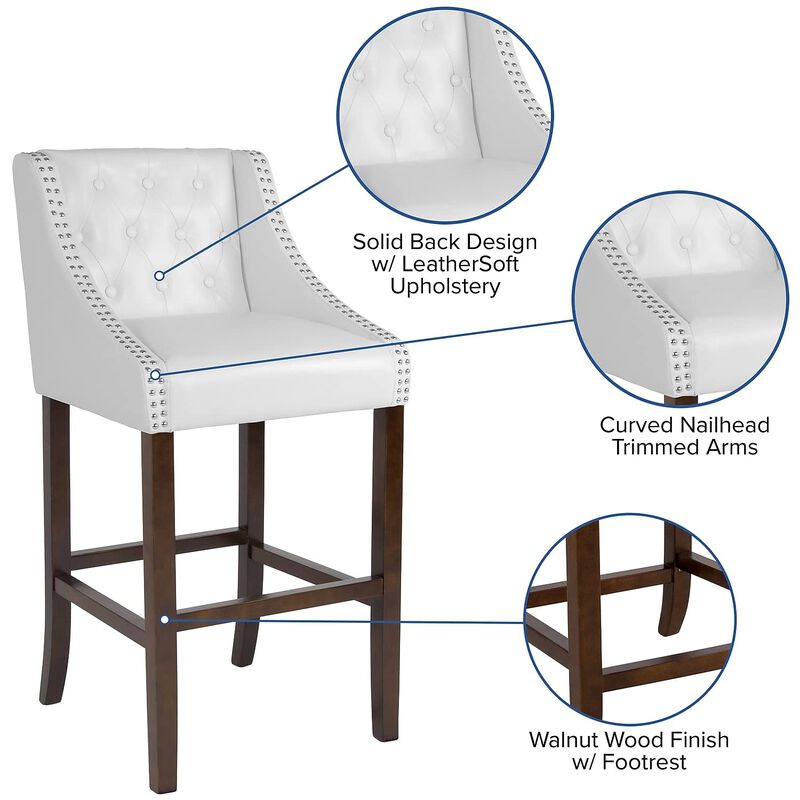 Flash Furniture Carmel Series 30" High Transitional Tufted Walnut Barstool with Accent Nail Trim in White LeatherSoft