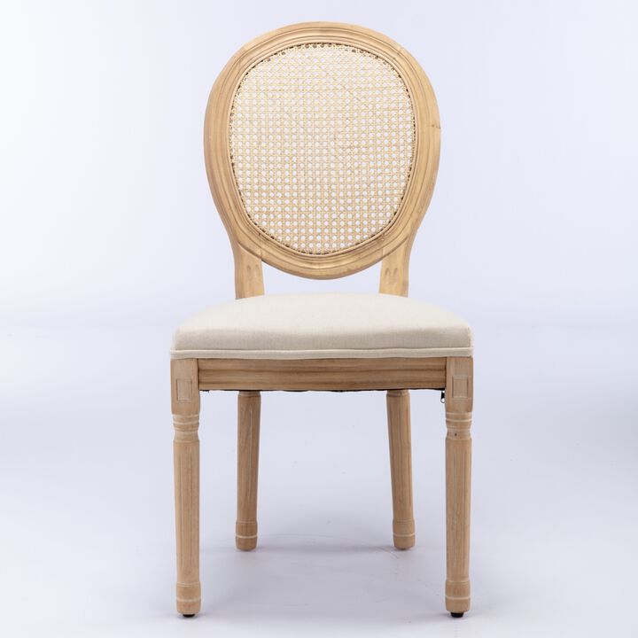 French Style Solid Wood Frame Antique Painting Linen Fabric Rattan Back Dining Chair, Set of 2, Cream, Beige