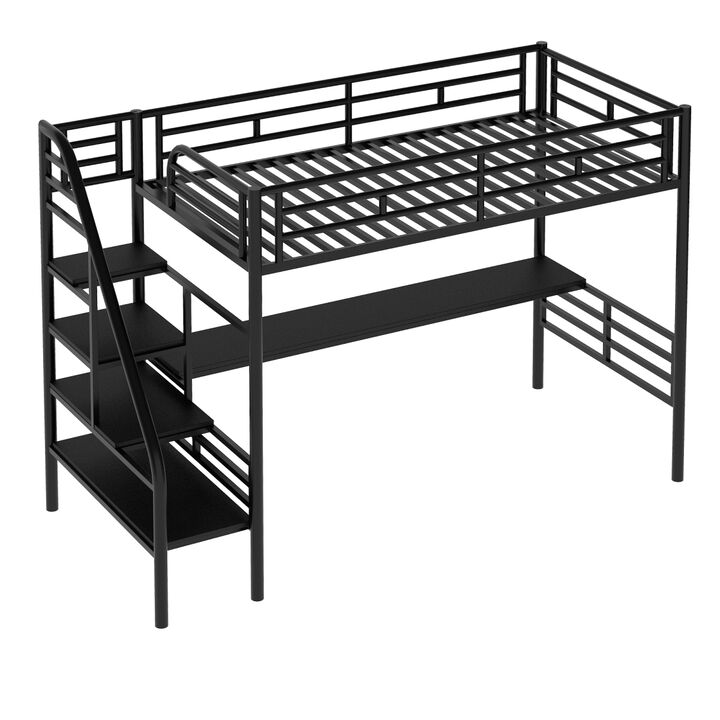 Metal Loft Bed Frame with Desk, No Box Spring Needed, Twin, Black