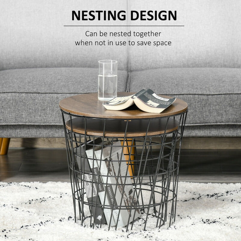 Black/Brown Nesting Tables: Set of 2 Round Side Tables with Storage