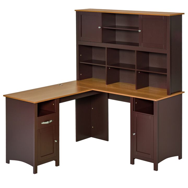 Coffee Brown L-Shaped Computer Desk: with Storage Shelves, Home Office Desk with Drawers and Cabinets