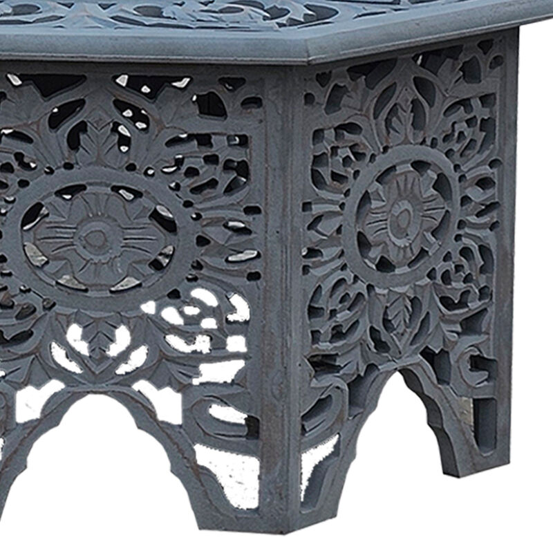 Nesting Coffee Tables, Set of 2, Handcrafted Carved Cut Out Floral Motifs, Antique White and Gray - Benzara