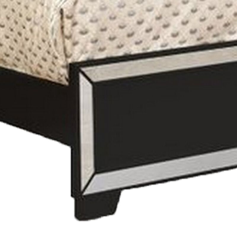 Eli Crystal Tufted Queen Bed, LED, Mirrored Inlays, Wood, Velvet, Black-Benzara