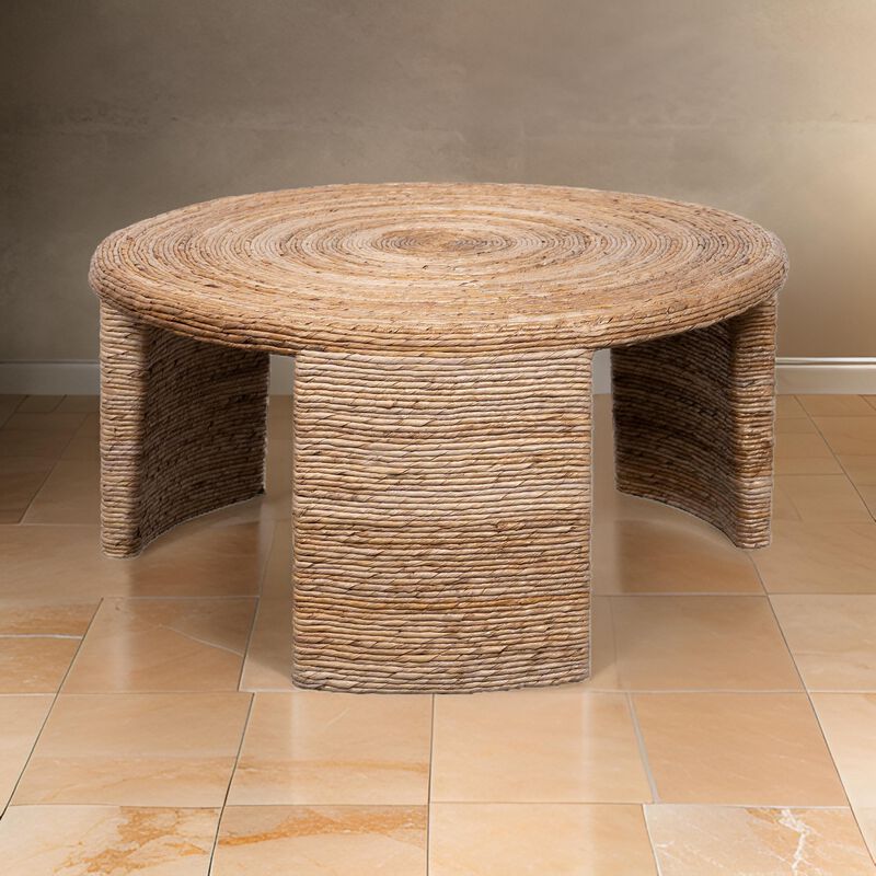 Asha 36 Inch Coffee Table, Round Shaped Top with Natural Rattan Wrapping - Benzara