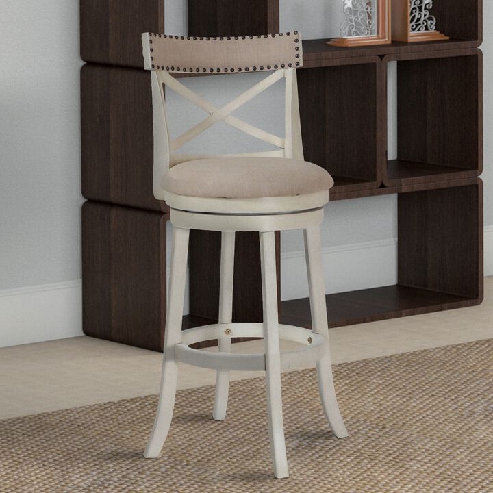 Curved X Shaped Back Swivel Barstool with Fabric Padded Seating, Antique White-Benzara