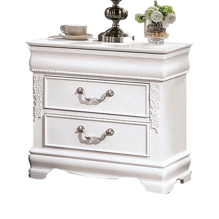 Benjara Aleci 24 Inch Nightstand, 2 Drawers, Carved Details, Solid Wood, White and Nickel
