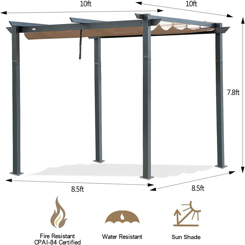 MONDAWE 10 ft. x 10 ft. Beige-Tan Polyester Outdoor Patio Gazebo Steel Frame Grape Pergola with Retractable Shade Canopy