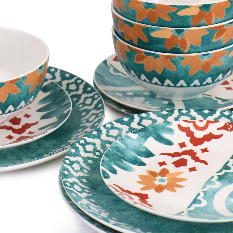 Spice by Tia Mowry Savory Saffron 18 Piece  Fine Ceramic Dinnerware Set in Decorated Teal