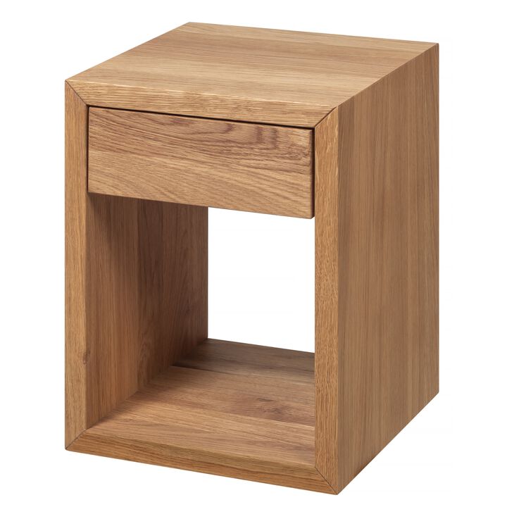Narrow Mid-Century Modern Solid Oiled Oak Floating Nightstand with Drawer - Bedside Table for Bedroom