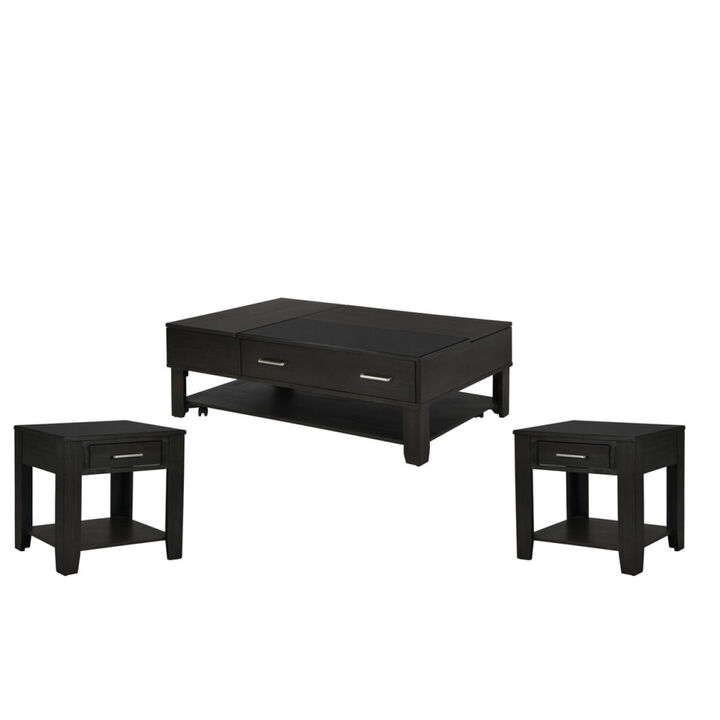 Bruno 3 Piece Ash Gray Wooden Lift Top Coffee And End Table Set With Tempered Glass Top And Drawer