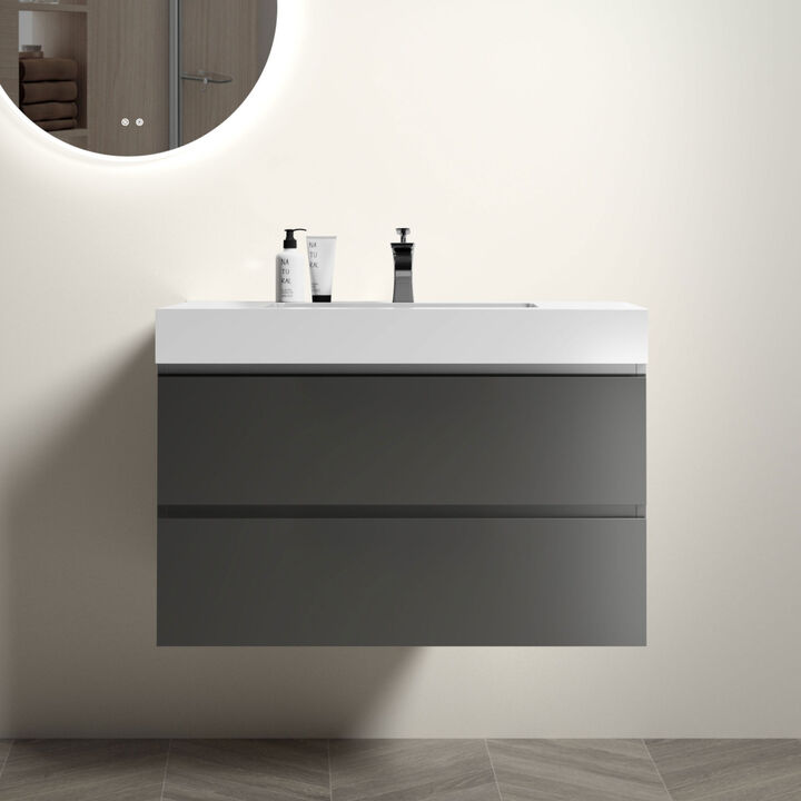 Alice 36" Gray Bathroom Vanity with Sink, Large Storage Wall Mounted Floating Bathroom Vanity for Modern Bathroom, One-Piece White Sink Basin without Drain and Faucet