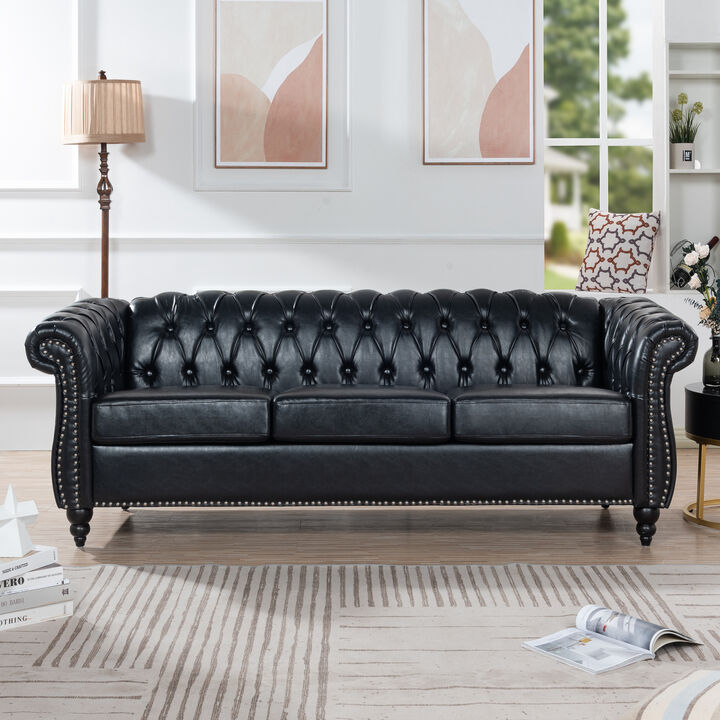 84.65" BLACK PU Rolled Arm Chesterfield Three Seater Sofa.