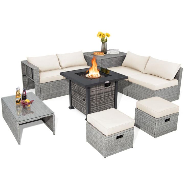 Hivvago 9 Pieces Outdoor Patio Furniture Set with 32-Inch Propane Fire Pit Table