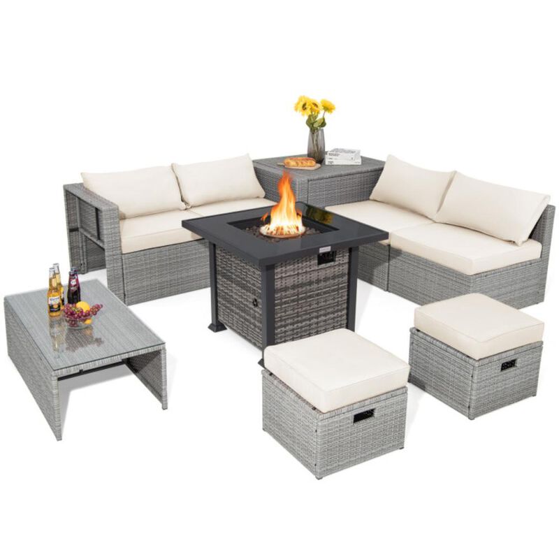 Hivvago 9 Pieces Outdoor Patio Furniture Set with 32-Inch Propane Fire Pit Table