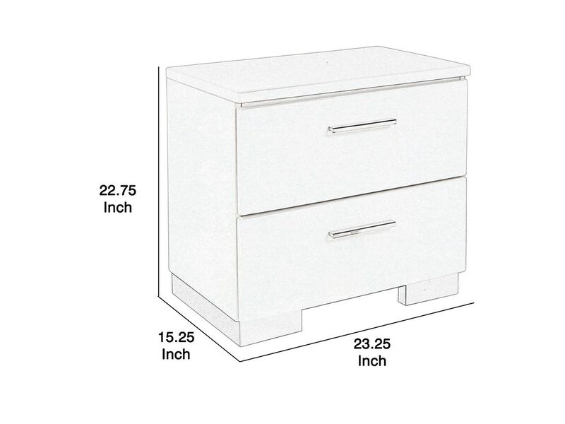 2 Drawer Wooden Nightstand with Metal Base and Bar Handles, White-Benzara