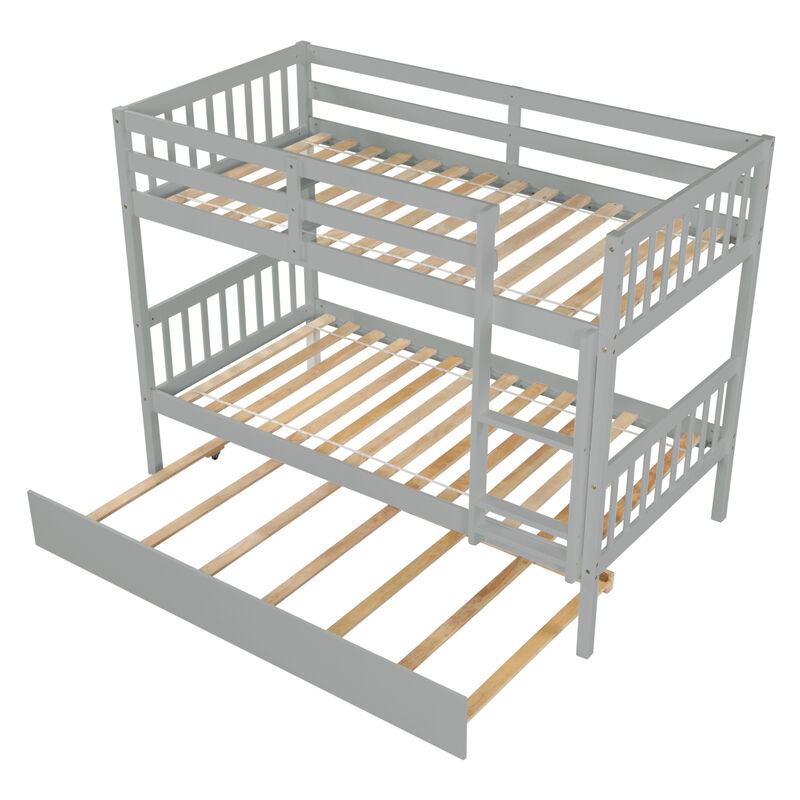 Twin Over Twin Bunk Beds with Trundle, Solid Wood Trundle Bed Frame with Safety Rail and Ladder, Kids/Teens Bedroom, Guest Room Furniture, Can Be converted into 2 Beds,Grey