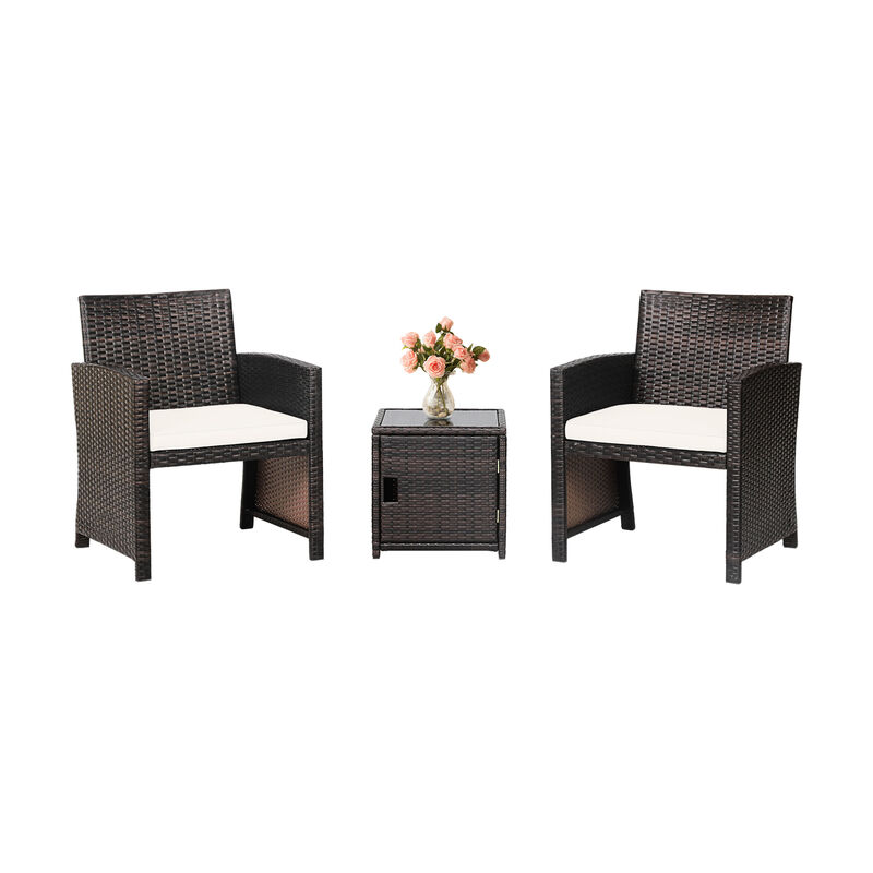 3-Piece Patio Wicker Furniture Set with Storage Table and Protective Cover - Off White