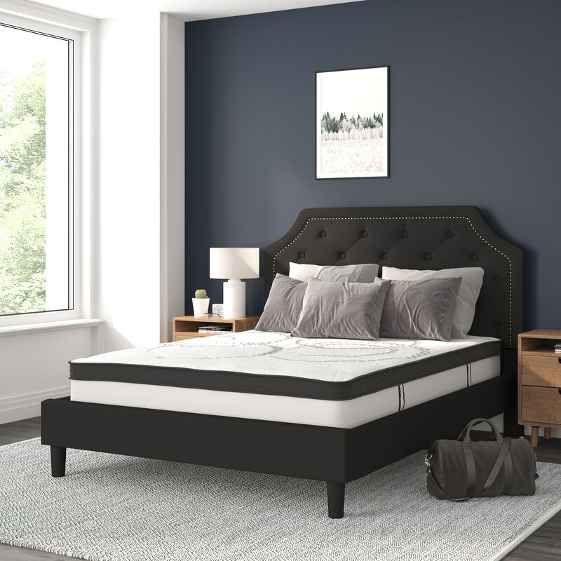 Brighton Queen Size Tufted Upholstered Platform Bed in Black Fabric with 10 Inch CertiPUR-US Certified Pocket Spring Mattress