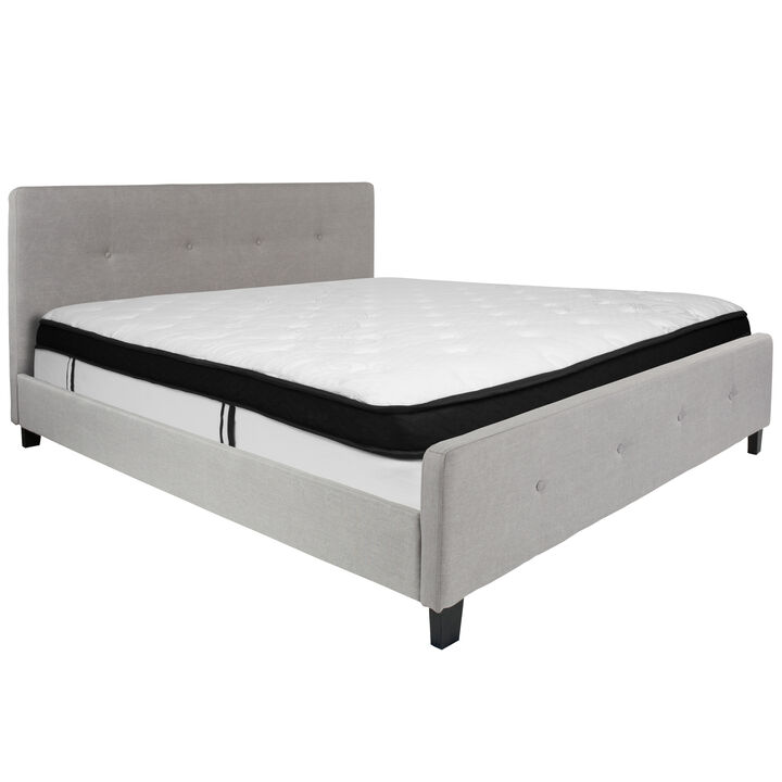 Tribeca King Size Tufted Upholstered Platform Bed in Light Gray Fabric with Memory Foam Mattress