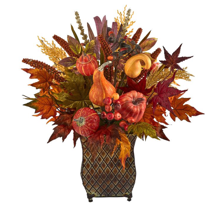 Nearly Natural 21-in Pumpkin, Maple & Sorghum Harvest Arrangement in Planter