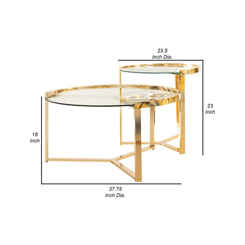 23 Inch Round Nesting Accent Tables, Glass Top, Metal Base, Set of 2, Gold-Benzara