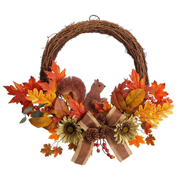 Nearly Natural 26-in Fall Harvest Artificial Autumn Wreath with Twig Base and Bunny