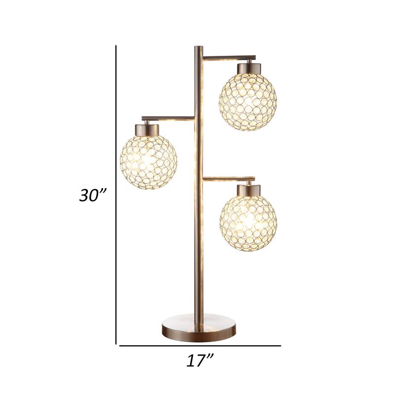 Fern 30 Inch Table Lamp with 3 Crystal Orb Shades, Metal, Sand Chrome-Benzara