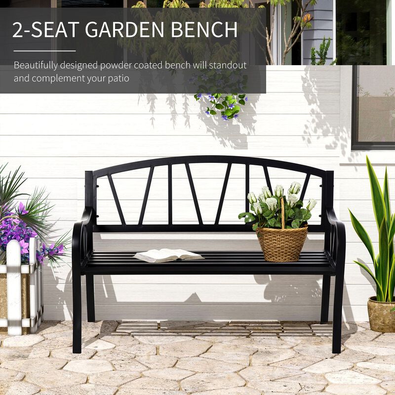 Metal Garden Bench 2-Seater Garden Bench Solid Metal Loveseat Outdoor Furniture For Patio Chair W/ Decorative Backrest & Ergonomic Armrest