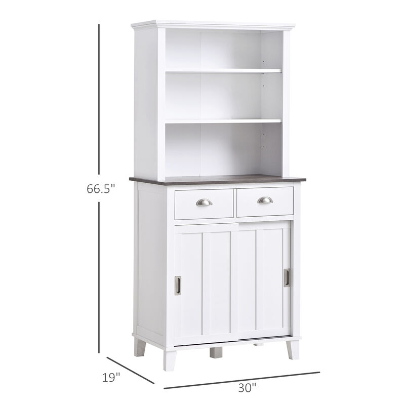 HOMCOM 67" Freestanding Buffet with Hutch, Kitchen Pantry Storage Cabinet with Sliding Doors, Drawers and Open Shelves, Adjustable Shelving, White