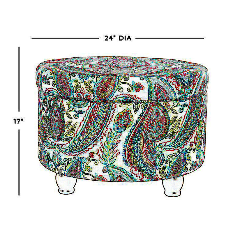 Paisley Pattern Fabric Upholstered Wooden Ottoman with Hidden Storage, Multicolor - Benzara