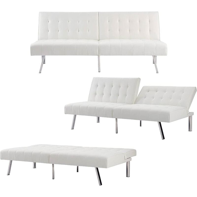 Hivvago Mid Century Modern Split Back Futon Sleep Sofa Bed in White Faux Leather