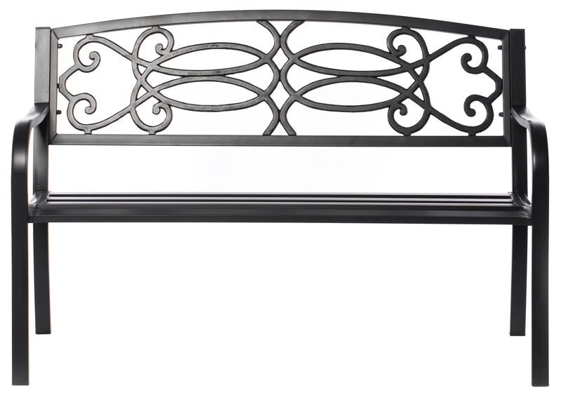 Steel Outdoor Patio Garden Park Seating Bench with Cast Iron Scrollwork Backrest, Front Porch Yard Bench Lawn Decor