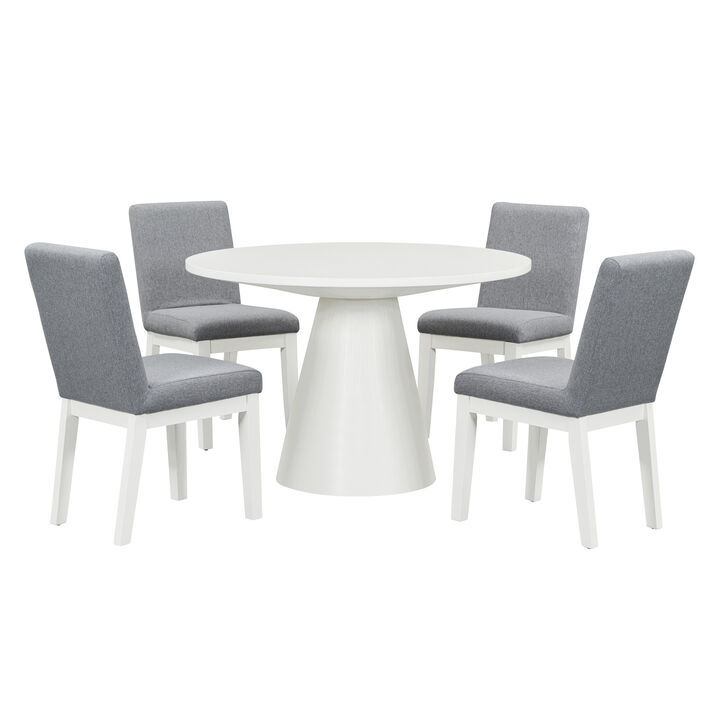 5piece Dining Set Retro Round Table with 4 Upholstered Chairs for Living Room, Dining Room (White)