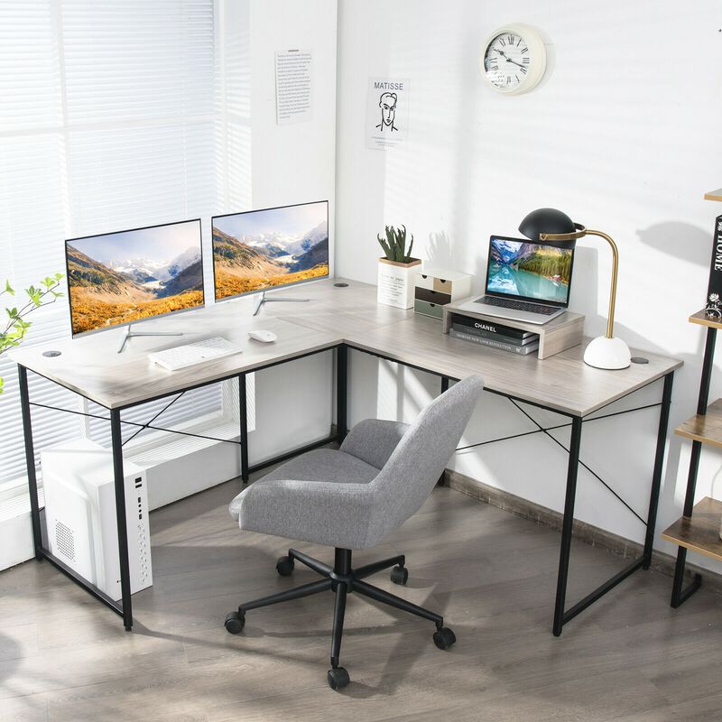 95 Inch 2-Person L-Shaped Long Reversible Computer Desk with Monitor Stand