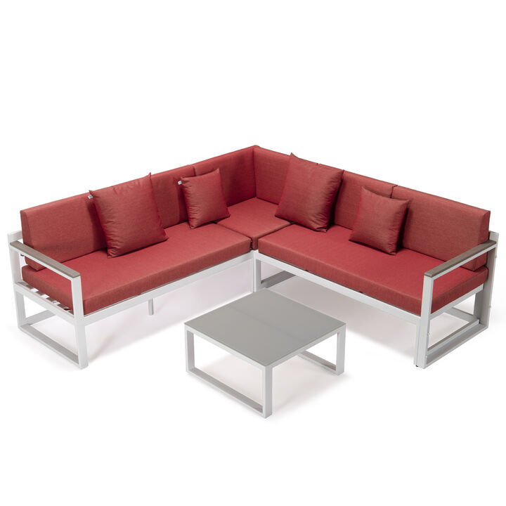 LeisureMod Chelsea Outdoor White Sectional With Adjustable Headrest & Coffee Table With Cushions