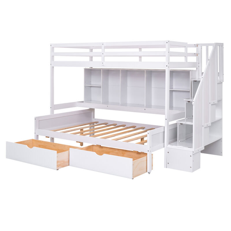Twin XL over Full Bunk Bed with Built-in Storage Shelves, Drawers and Staircase, White